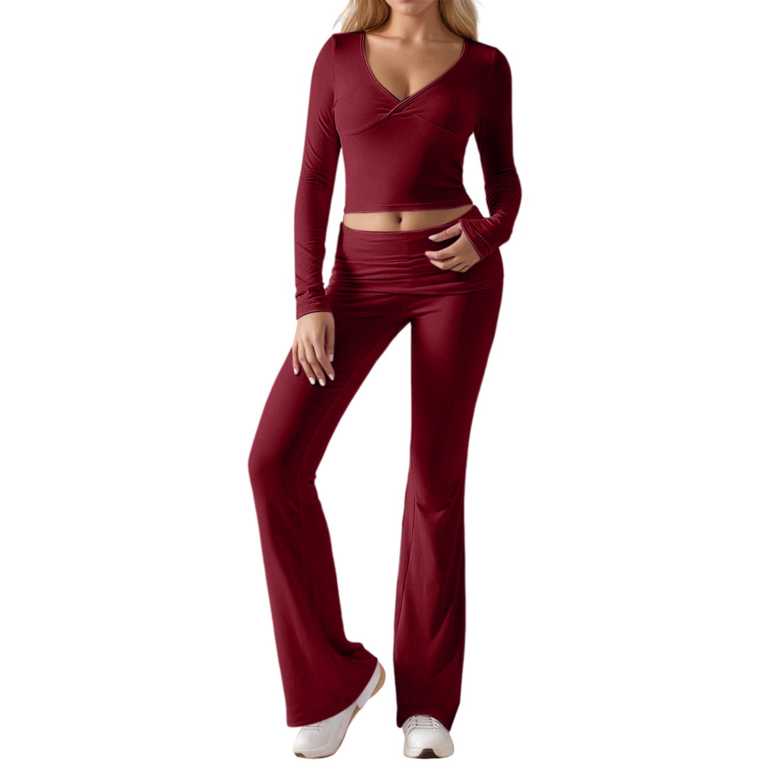 thumbnail image 1 of Conjunto de entrenamiento de 2 piezas para mujer: top corto de manga larga y pantalones de yoga con vuelta, conjunto de fitness a juego, 1 of 4
